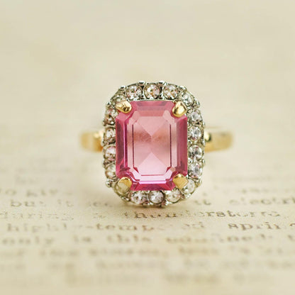 Vintage 18k Gold Plated Pink Austrian Crystal Halo Ring jewelry image 1