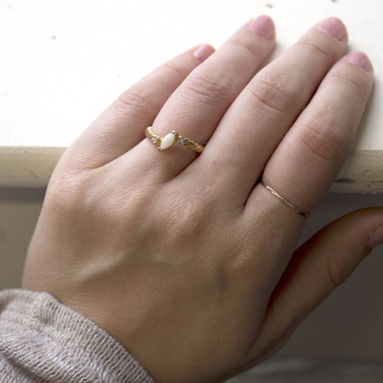 Vintage Dainty Genuine Opal Ring with Austrian Crystals - 18kt Yellow Gold Electroplated - Made in USA jewelry image 1