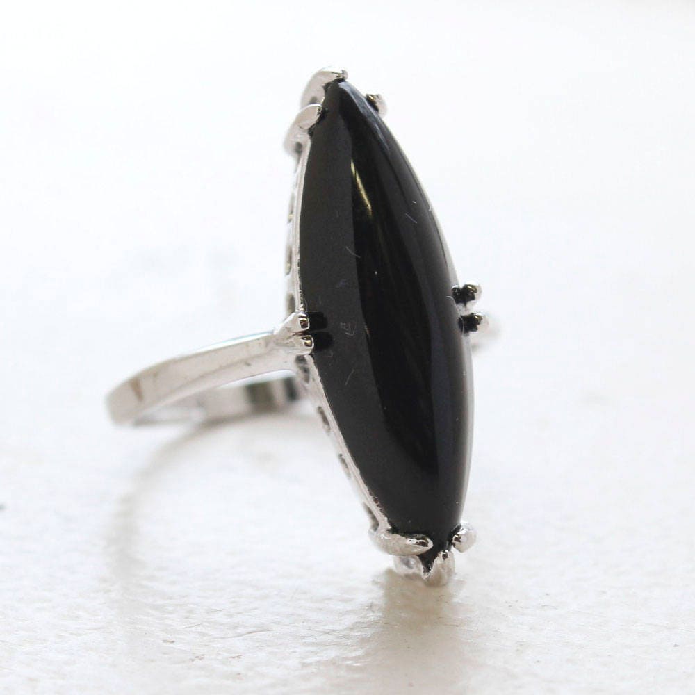 Vintage Genuine Onyx Marquise Cut Ring - 18kt White Gold Electroplated - Made in USA jewelry image 1