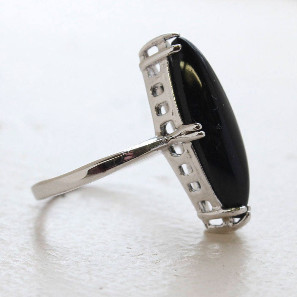 Vintage Genuine Onyx Marquise Cut Ring - 18kt White Gold Electroplated - Made in USA jewelry image 1