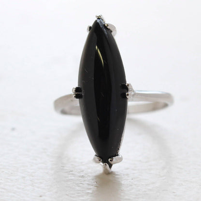 Vintage Genuine Onyx Marquise Cut Ring - 18kt White Gold Electroplated - Made in USA jewelry image 1