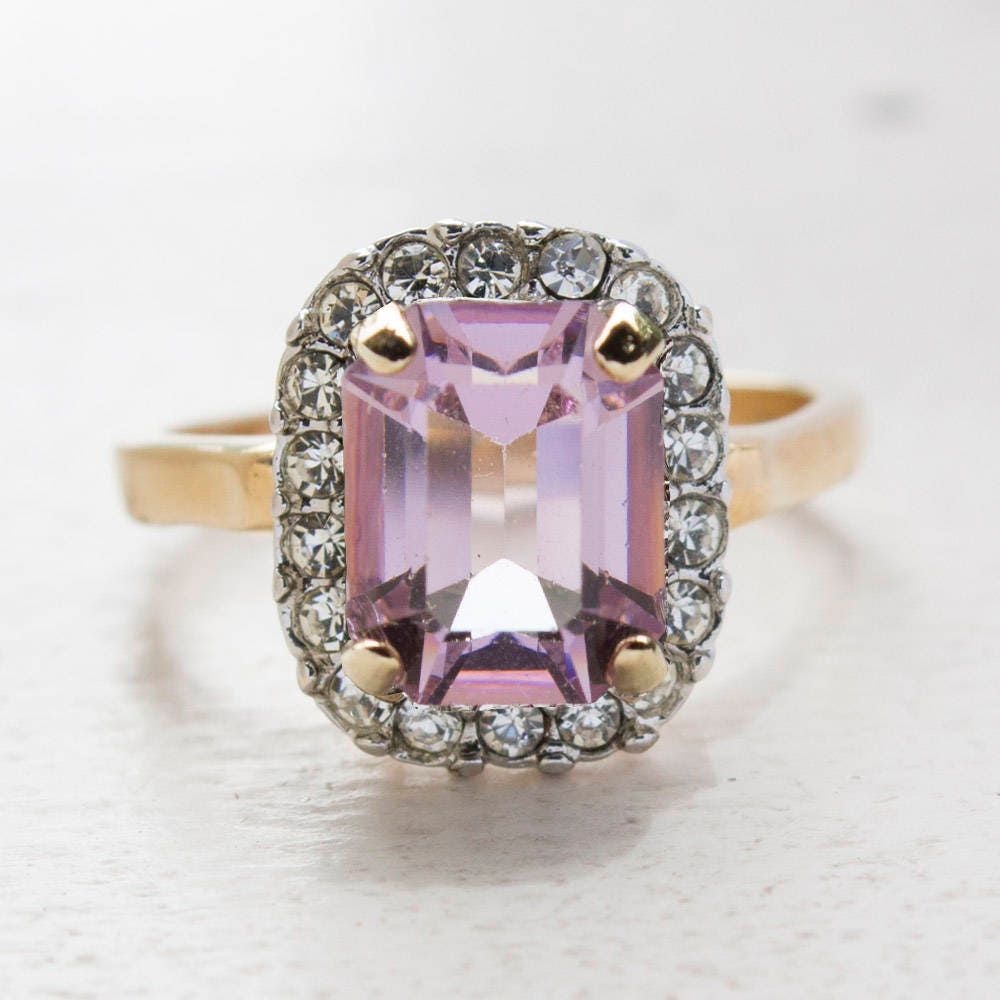 Vintage 18kt HGE Light Amethyst CZ Cocktail Ring with Austrian Crystals – Made in USA jewelry image 1