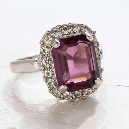 Vintage 18kt White Gold Electroplated Amethyst CZ Cocktail Ring with Austrian Crystals - Made in USA jewelry image 1