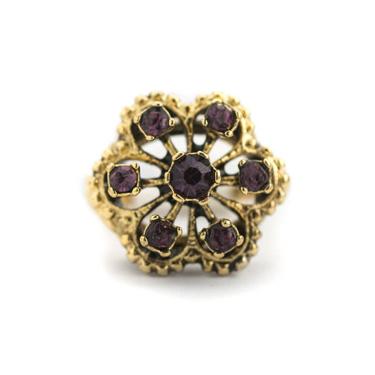 Vintage Amethyst Austrian Crystal Filigree Ring - 18k Gold Electroplated - Made in USA jewelry image 1