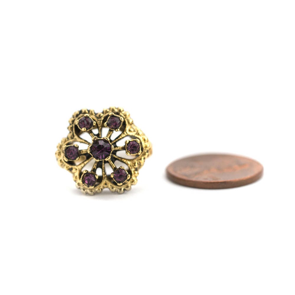 Vintage Amethyst Austrian Crystal Filigree Ring - 18k Gold Electroplated - Made in USA jewelry image 1