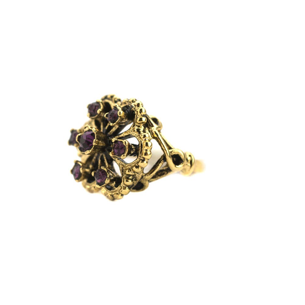 Vintage Amethyst Austrian Crystal Filigree Ring - 18k Gold Electroplated - Made in USA jewelry image 1