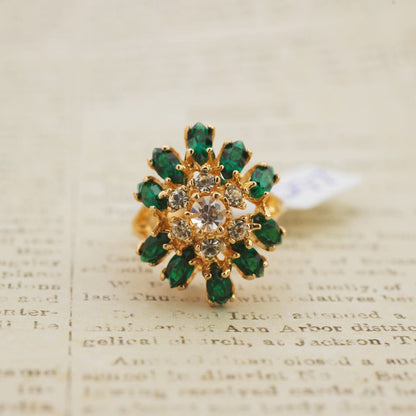 Vintage 1970s Emerald & Clear Austrian Crystal Cluster Ring - 18kt Yellow Gold Electroplated jewelry image 1
