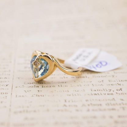 Vintage 1970s Heart Shape Ring with Aquamarine Austrian Crystal – 18k Gold Electroplated jewelry image 1