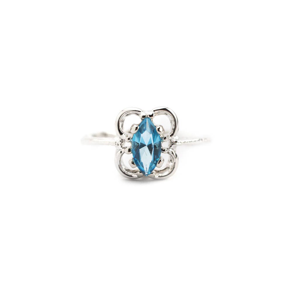 Vintage Aquamarine Austrian Crystal Ring - 18k White Gold Electroplated - March Birthstone - Made in USA jewelry image 1
