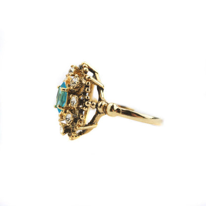 Vintage 1970s Blue Topaz & Clear Austrian Crystal Ring - Antiqued 18k Gold Electroplated Filigree Setting jewelry image 1