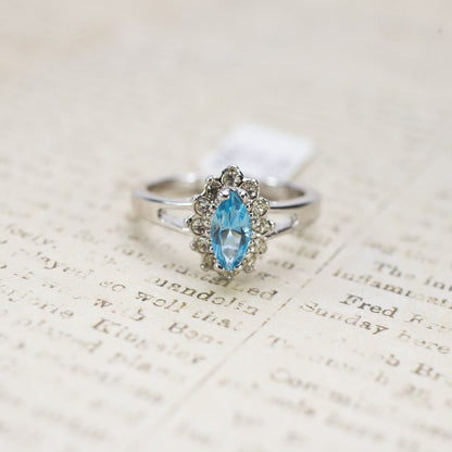Vintage 1980s Aquamarine Austrian Crystal Ring – 18kt White Gold Electroplated Halo Setting #R1314 jewelry image 1