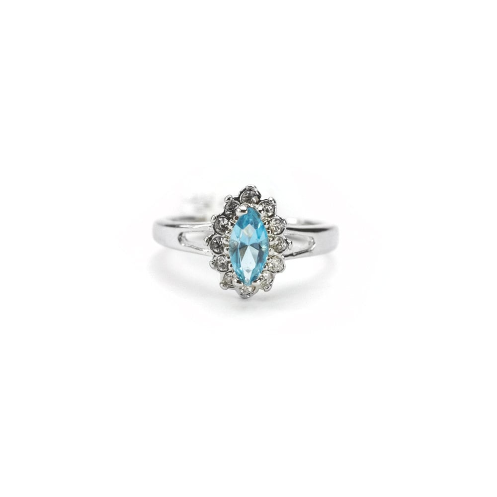 Vintage 1980s Aquamarine Austrian Crystal Ring – 18kt White Gold Electroplated Halo Setting #R1314 jewelry image 1