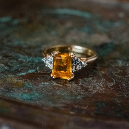 Vintage 1980s Light Topaz Emerald Cut Austrian Crystal Ring with Clear Crystal Accents - 18k Yellow Gold Electroplated jewelry image 1