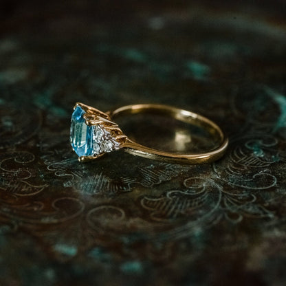 Vintage 1980s Aquamarine and Clear Crystal Ring – 18k Gold Electroplated Band – March Birthstone jewelry image 1
