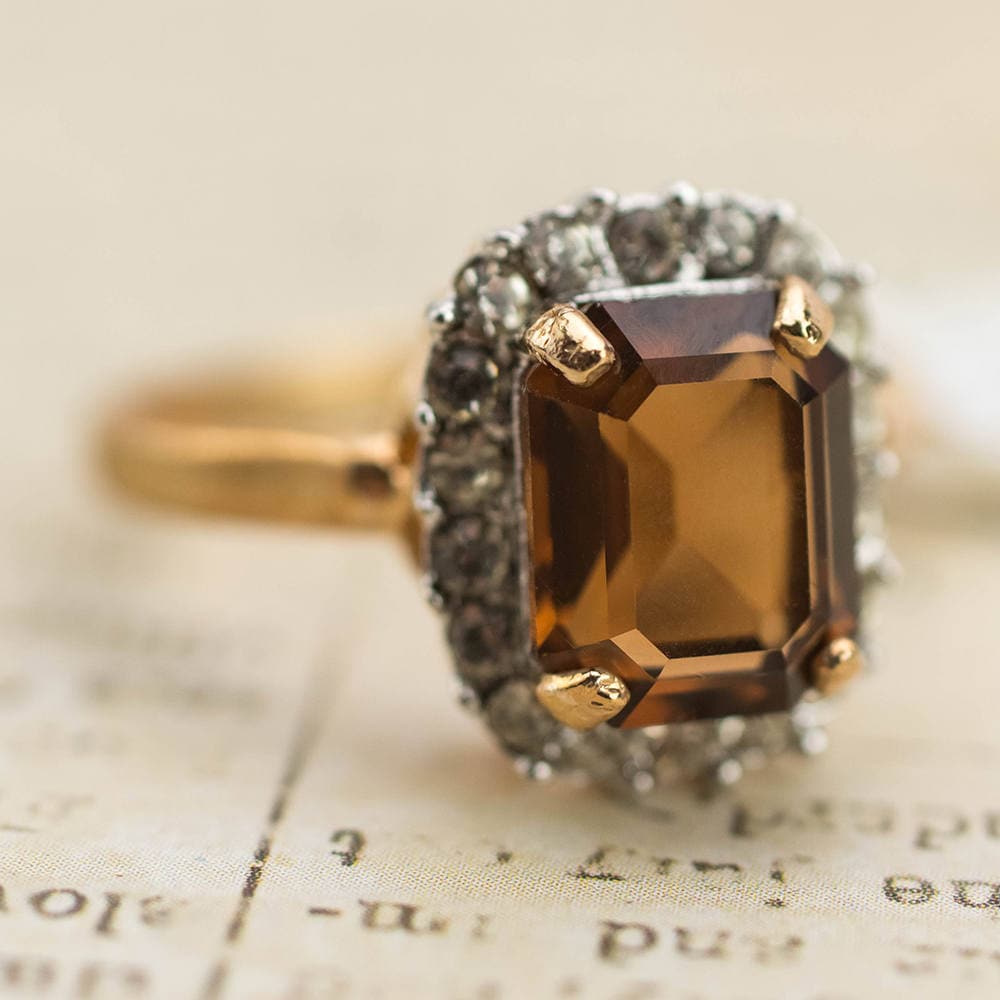 Vintage 18k Gold Plated Topaz Austrian Crystal Halo Ring - Made in USA - Size 10 jewelry image 1