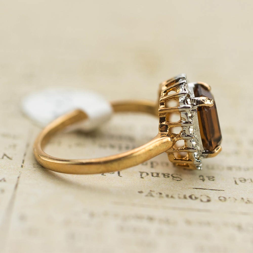 Vintage 18k Gold Plated Topaz Austrian Crystal Halo Ring - Made in USA - Size 10 jewelry image 1