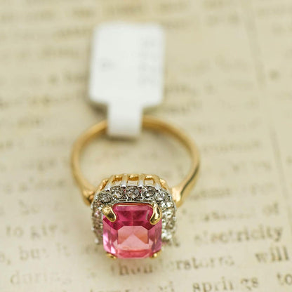 Vintage 18k Gold Plated Pink Austrian Crystal Halo Ring jewelry image 1