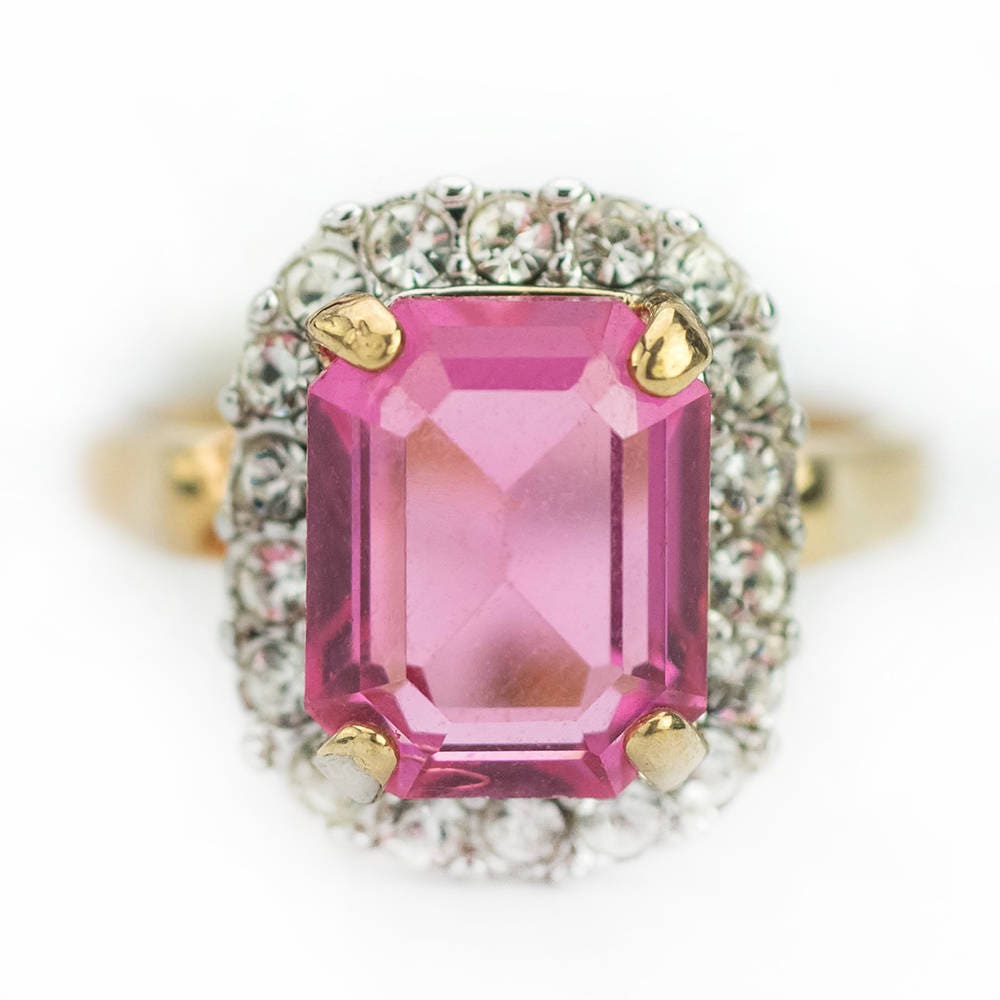 Vintage 18k Gold Plated Pink Austrian Crystal Halo Ring jewelry image 1