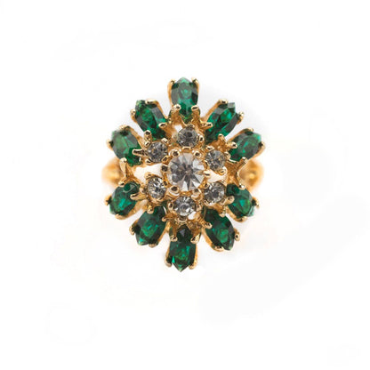 Vintage 1970s Emerald & Clear Austrian Crystal Cluster Ring - 18kt Yellow Gold Electroplated jewelry image 1