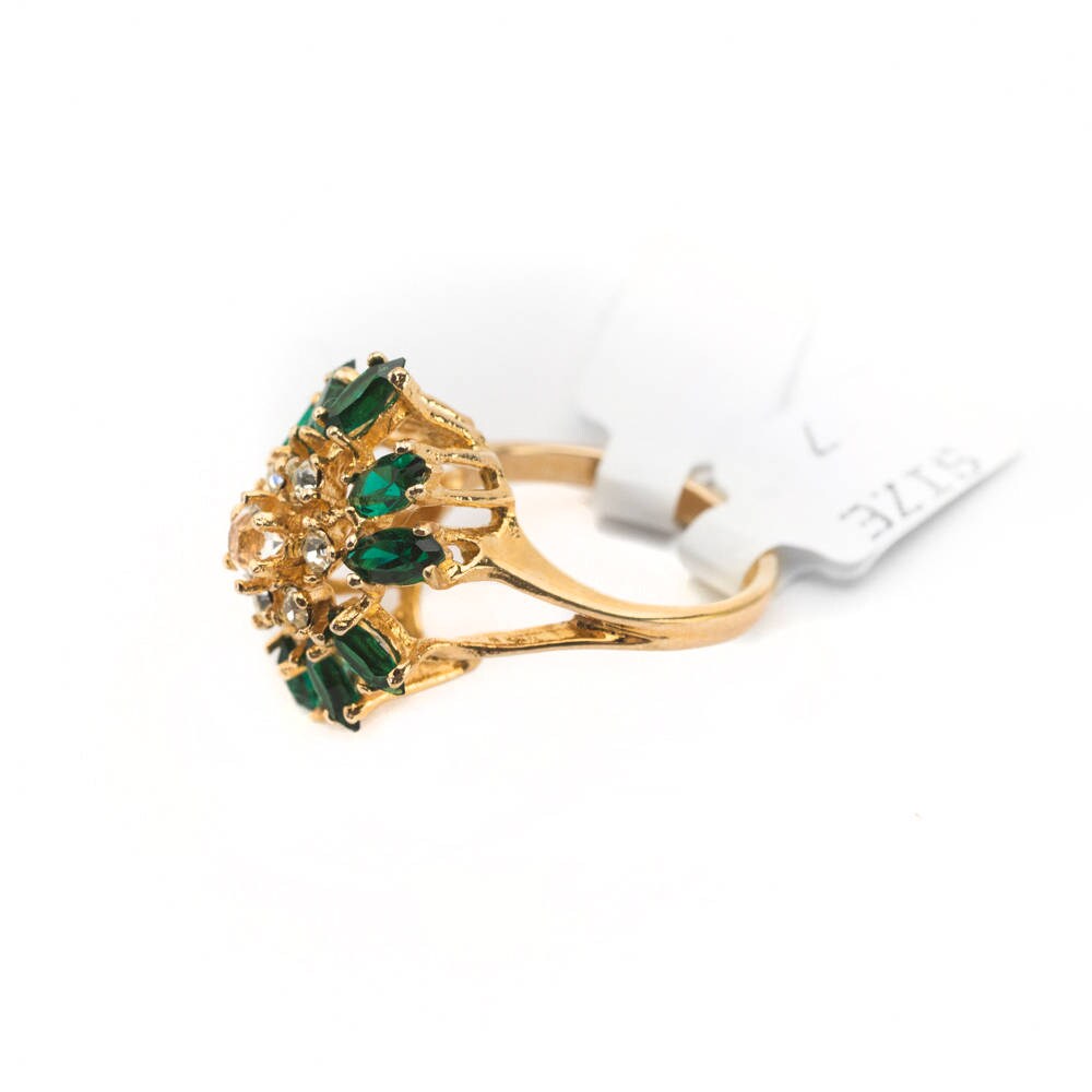 Vintage 1970s Emerald & Clear Austrian Crystal Cluster Ring - 18kt Yellow Gold Electroplated jewelry image 1