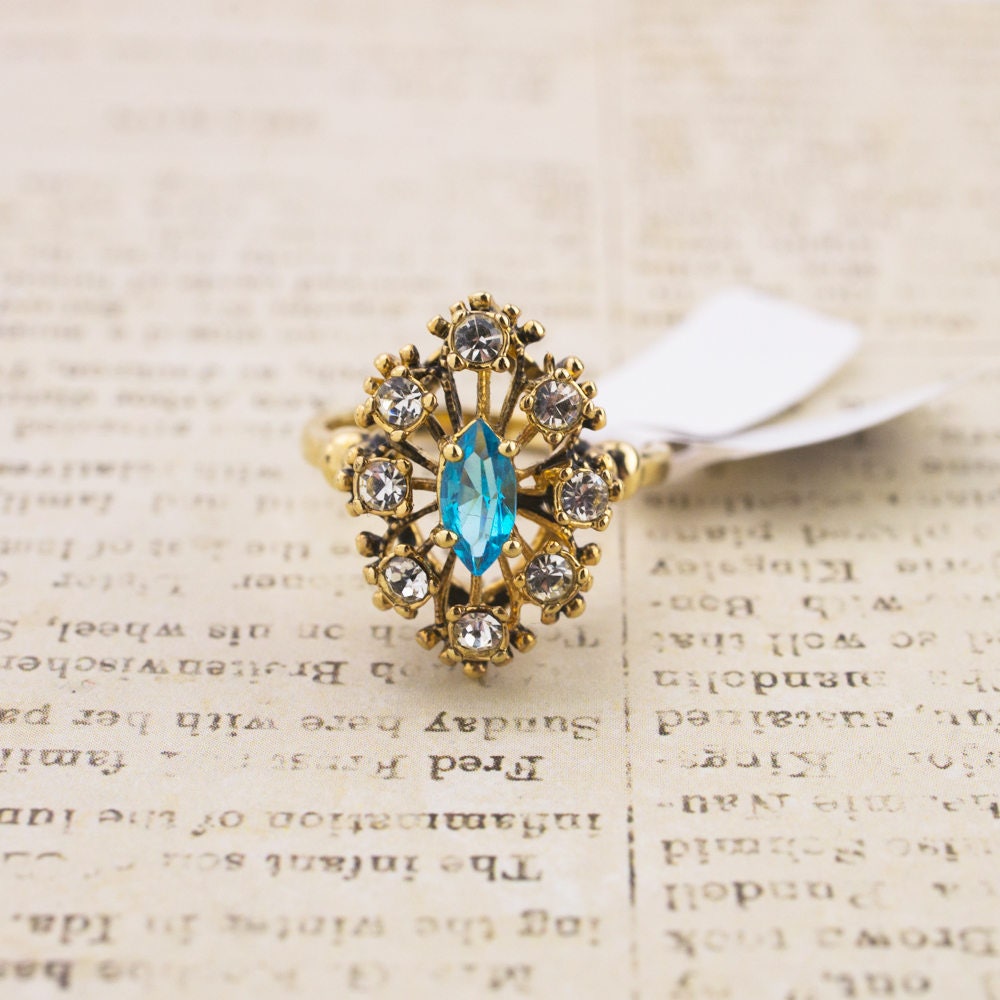 Vintage 1970s Blue Topaz & Clear Austrian Crystal Ring - Antiqued 18k Gold Electroplated Filigree Setting jewelry image 1