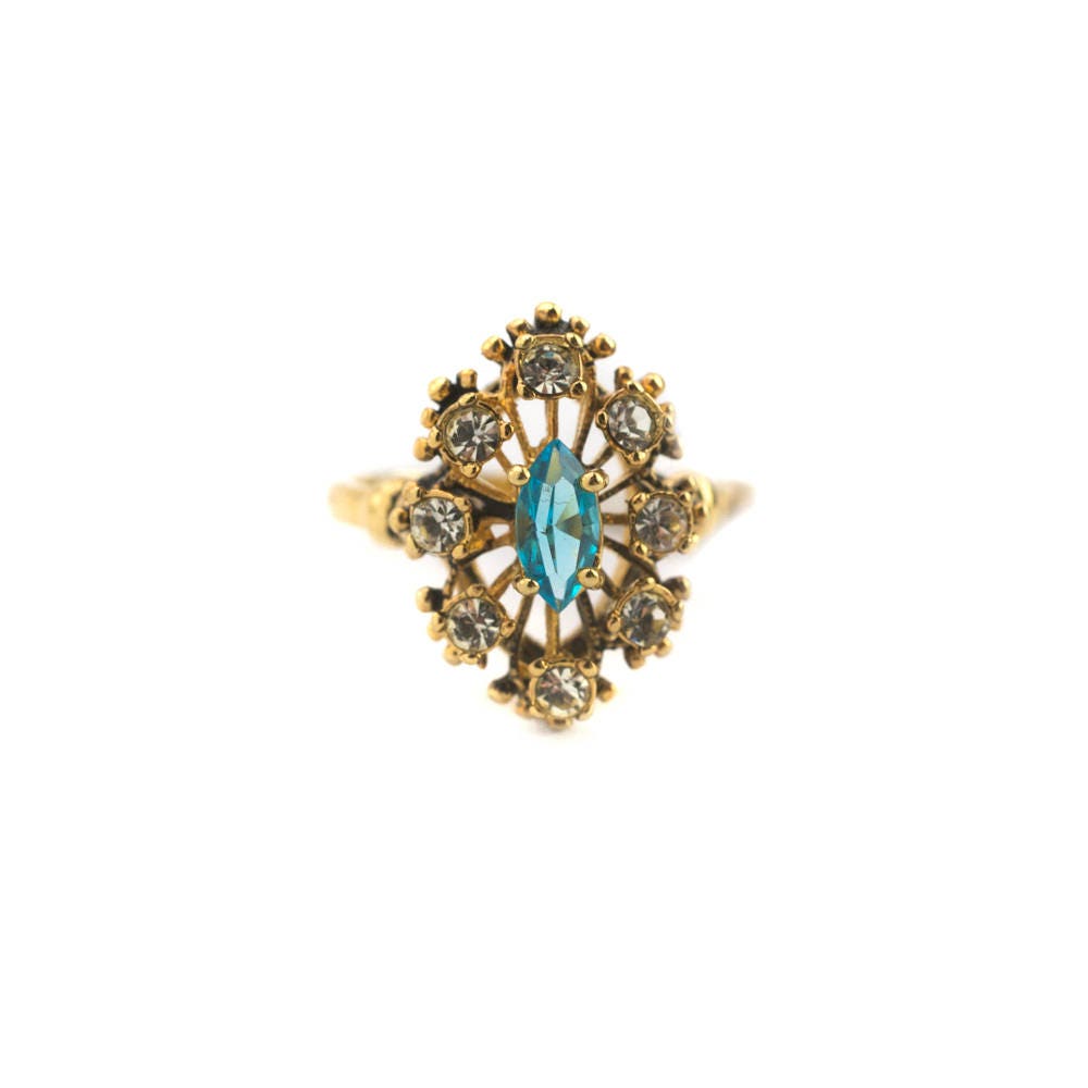 Vintage 1970s Blue Topaz & Clear Austrian Crystal Ring - Antiqued 18k Gold Electroplated Filigree Setting jewelry image 1