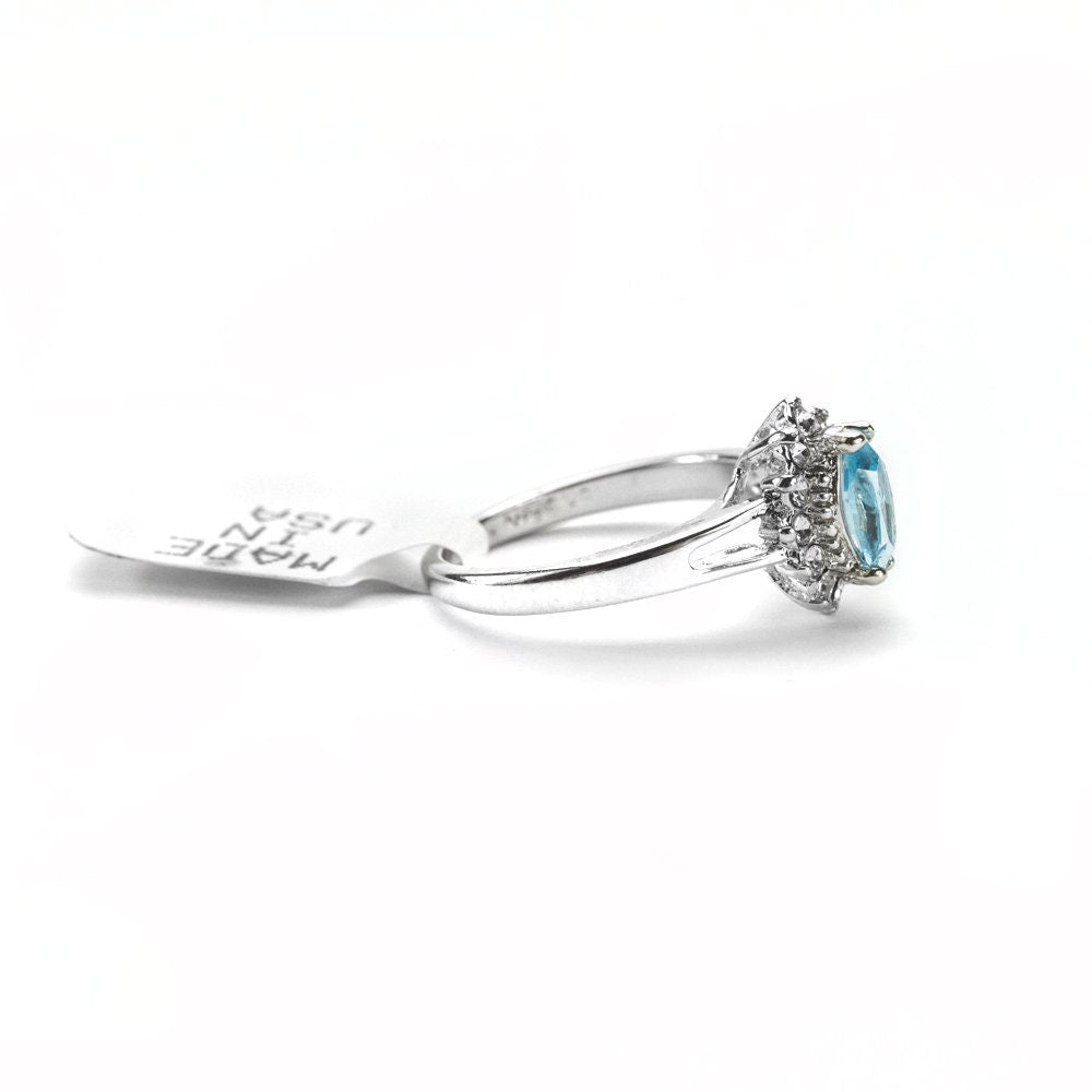 Vintage 1980s Aquamarine Austrian Crystal Ring – 18kt White Gold Electroplated Halo Setting #R1314 jewelry image 1