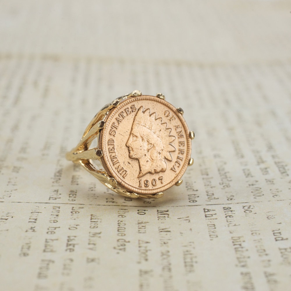 Vintage Indian Head Copper Penny Coin Ring – 18k Gold Electroplated – Made in USA jewelry image 1