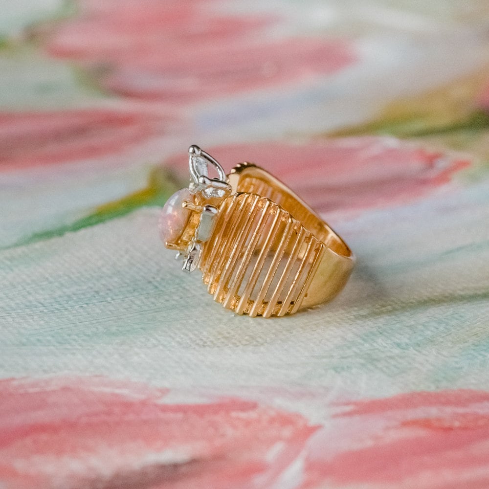 Vintage 1980s Butterfly Ring with Harlequin Opal and Clear Austrian Crystals 18kt Yellow Gold Electroplated jewelry image 1