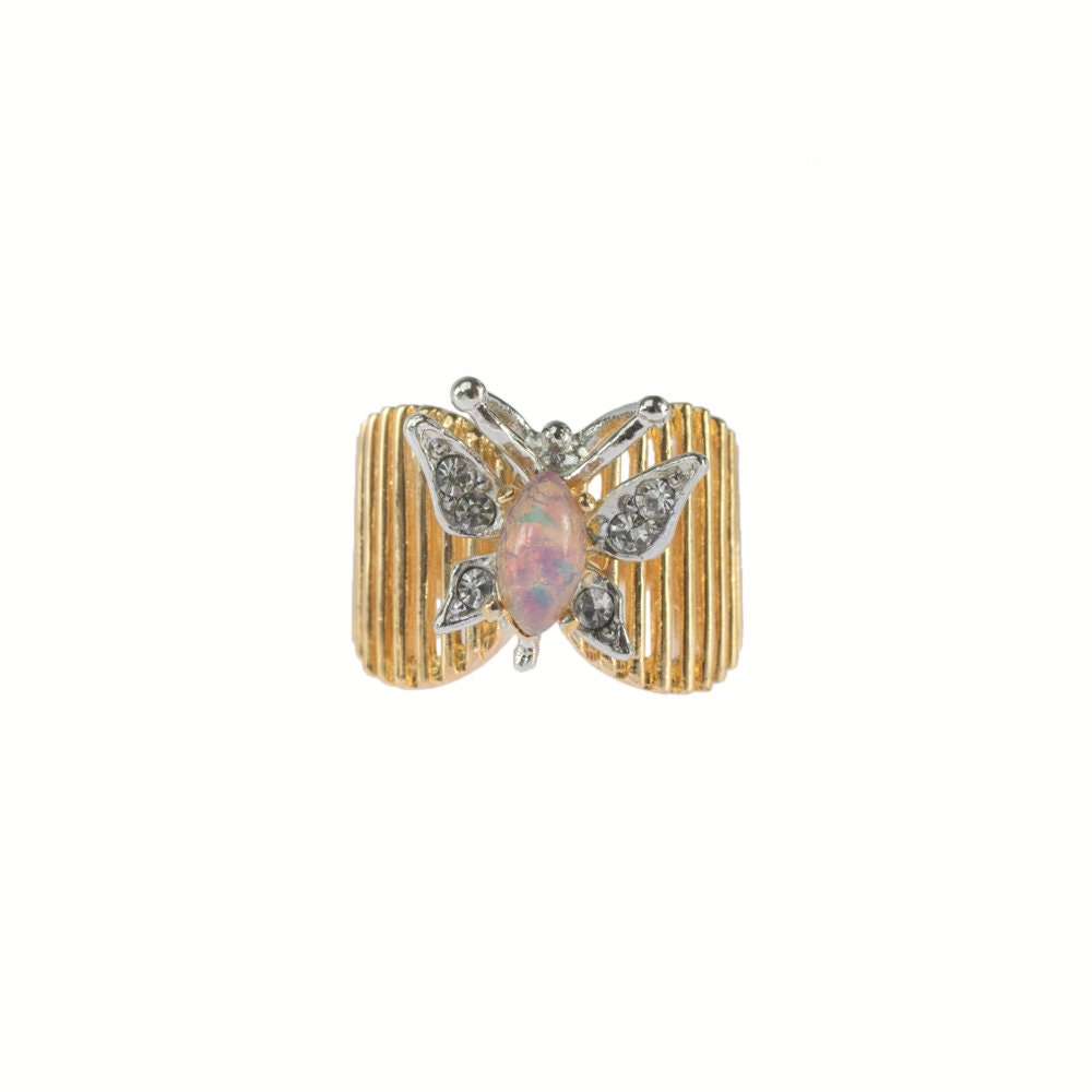 Vintage 1980s Butterfly Ring with Harlequin Opal and Clear Austrian Crystals 18kt Yellow Gold Electroplated jewelry image 1
