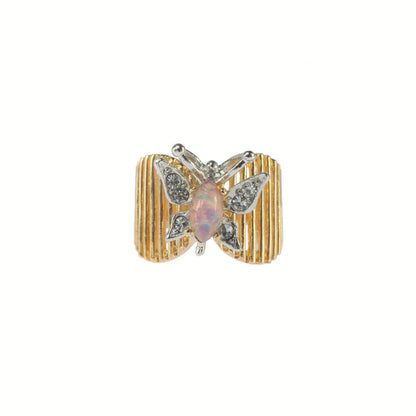 Vintage 1980s Butterfly Ring with Harlequin Opal and Clear Austrian Crystals 18kt Yellow Gold Electroplated jewelry image 1