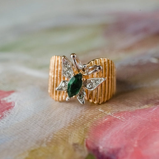 Vintage 1980s Butterfly Ring with Emerald and Clear Austrian Crystals - 18kt Yellow Gold Electroplated jewelry image 1