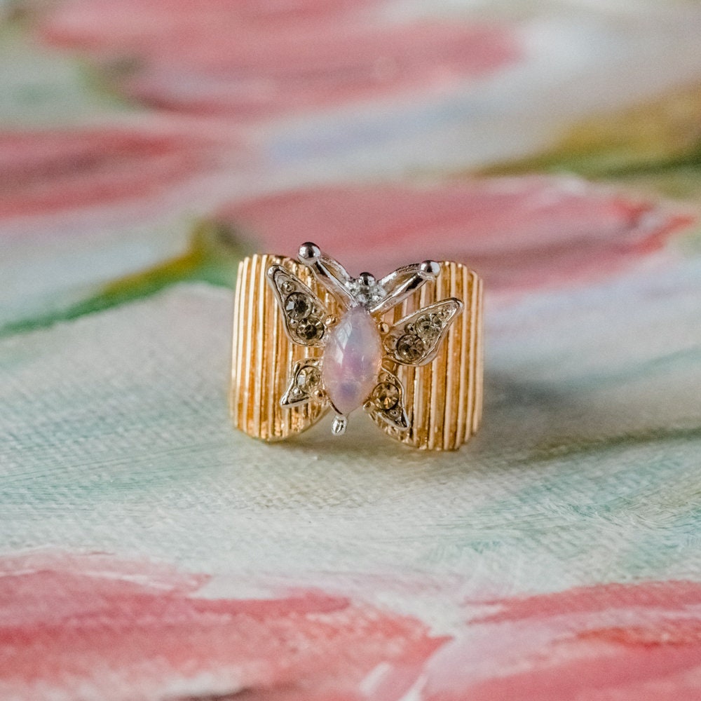 Vintage 1980s Butterfly Ring with Harlequin Opal and Clear Austrian Crystals 18kt Yellow Gold Electroplated jewelry image 1