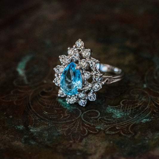Vintage 1970s Victorian Style Aquamarine and Clear Austrian Crystal Cocktail Ring – 18k White Gold Electroplated jewelry image 1