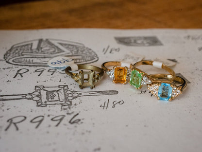 Vintage 1980s Light Topaz Emerald Cut Austrian Crystal Ring with Clear Crystal Accents - 18k Yellow Gold Electroplated jewelry image 1
