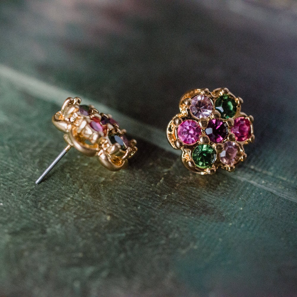 Vintage 1970s Flower Pierced Earrings with Austrian Crystals - 18k Yellow Gold Electroplated jewelry image 1