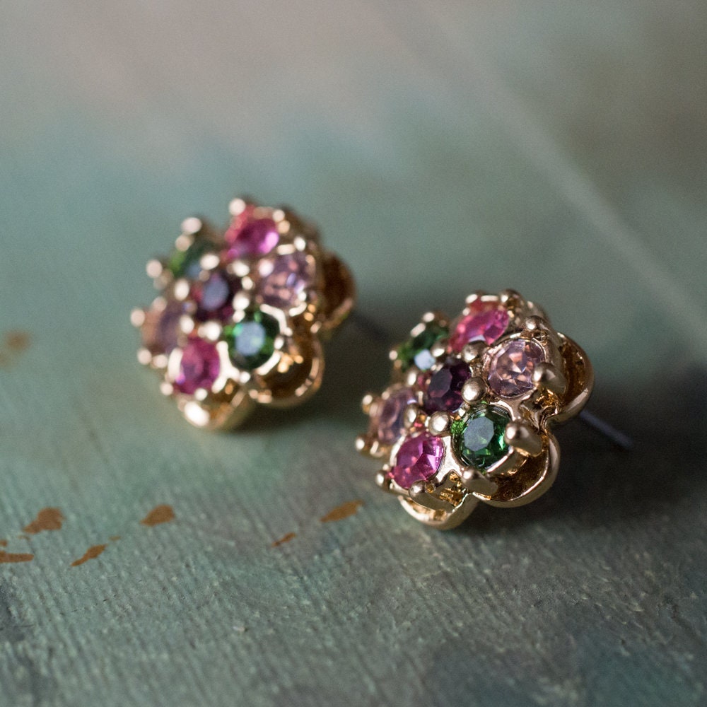 Vintage 1970s Flower Pierced Earrings with Austrian Crystals - 18k Yellow Gold Electroplated jewelry image 1