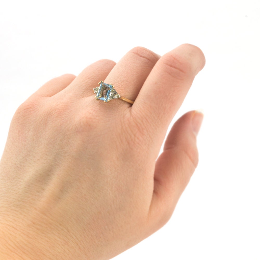 Vintage 1980s Aquamarine and Clear Crystal Ring – 18k Gold Electroplated Band – March Birthstone jewelry image 1