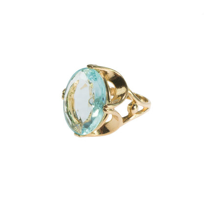 Vintage 1970s Cocktail Ring with Oval Cut Aquamarine Austrian Crystal 18k Gold Electroplated jewelry image 1
