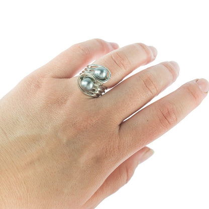 Vintage 1970s Gray Glass Pearl Bypass Ring - 18k White Gold Electroplated - Made in USA jewelry image 1
