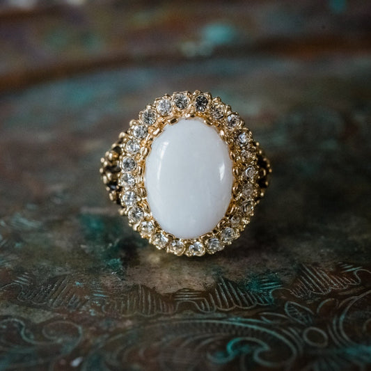 Vintage Genuine Opal and Clear Crystal Ring – Edwardian Style 18k Gold Electroplated jewelry image 1
