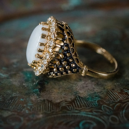 Vintage Genuine Opal and Clear Crystal Ring – Edwardian Style 18k Gold Electroplated jewelry image 1