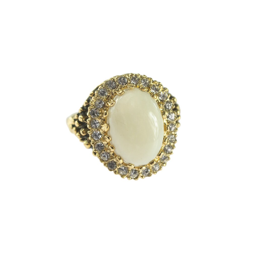 Vintage Genuine Opal and Clear Crystal Ring – Edwardian Style 18k Gold Electroplated jewelry image 1