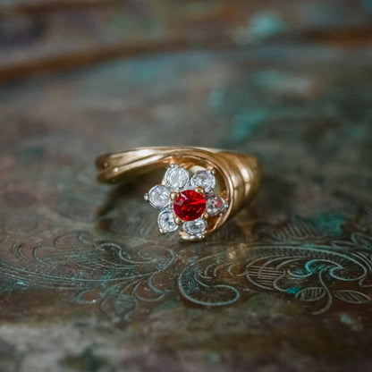 Vintage 1980s Ruby and Clear Austrian Crystal Cluster Ring - 18k Gold Electroplated jewelry image 1