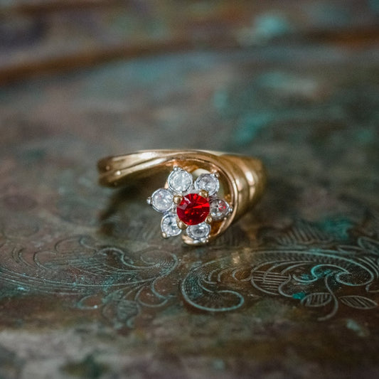 Vintage 1980s Ruby and Clear Austrian Crystal Cluster Ring - 18k Gold Electroplated jewelry image 1