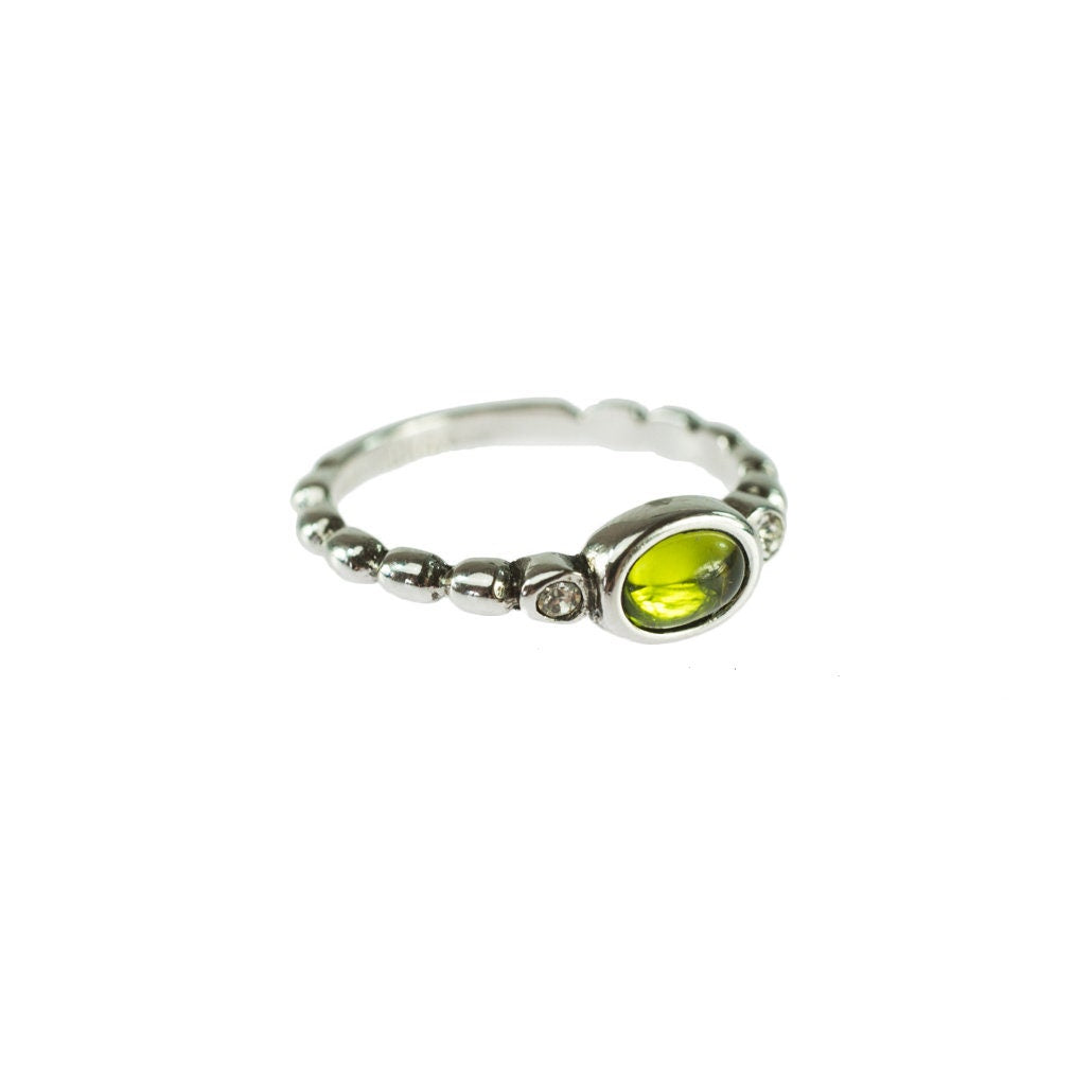 Vintage 1980s Peridot Cabochon and Clear Austrian Crystal 18k White Gold Electroplated Ring jewelry image 1