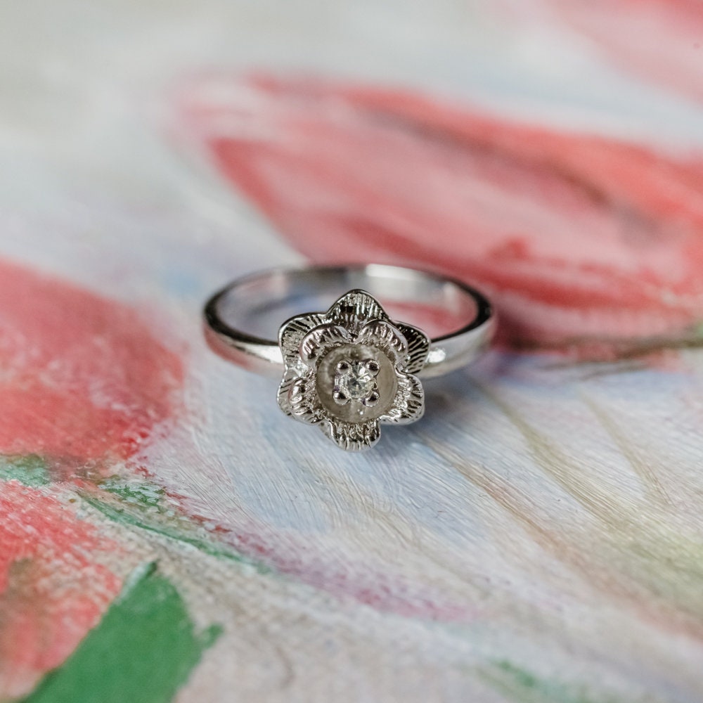 Vintage Edwardian Era Flower Ring - 18k White Gold Electroplated with Clear Austrian Crystal jewelry image 1