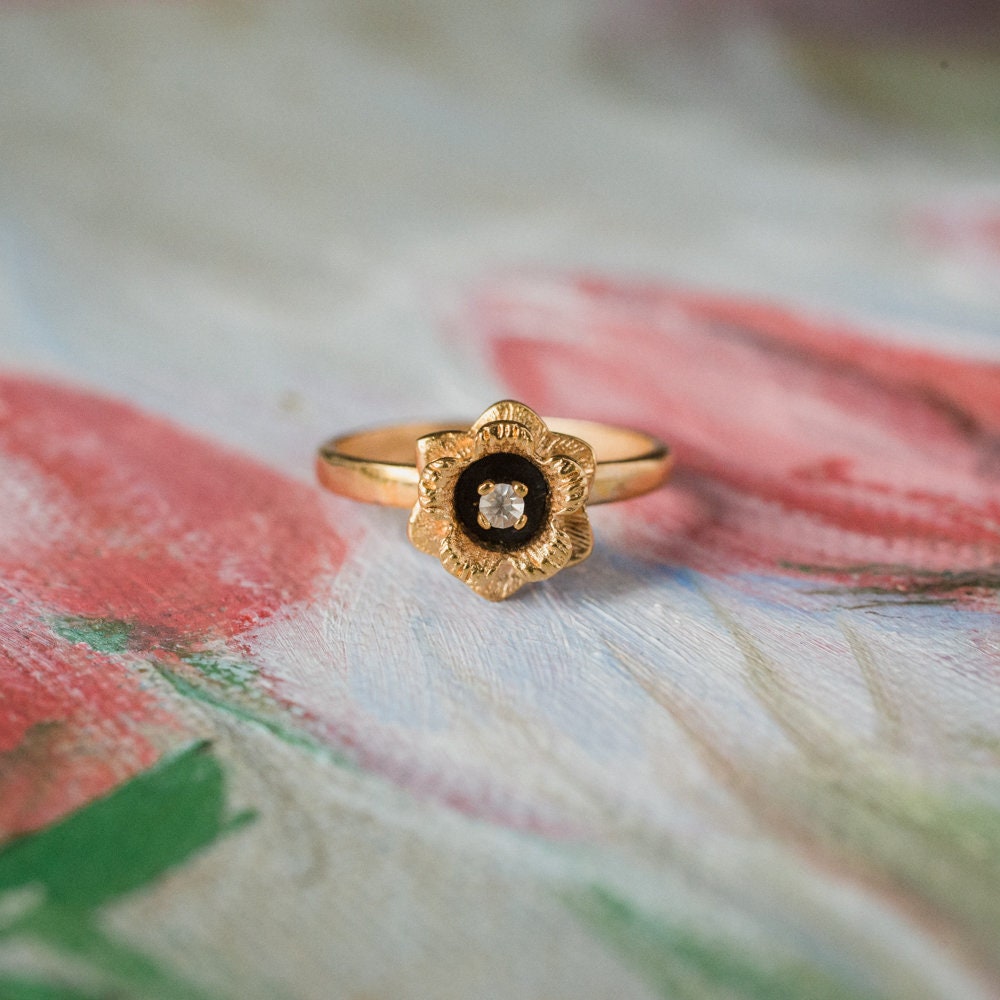 Vintage Flower Ring with Clear Austrian Crystal – 18k Gold Electroplated, Edwardian Era Mold jewelry image 1