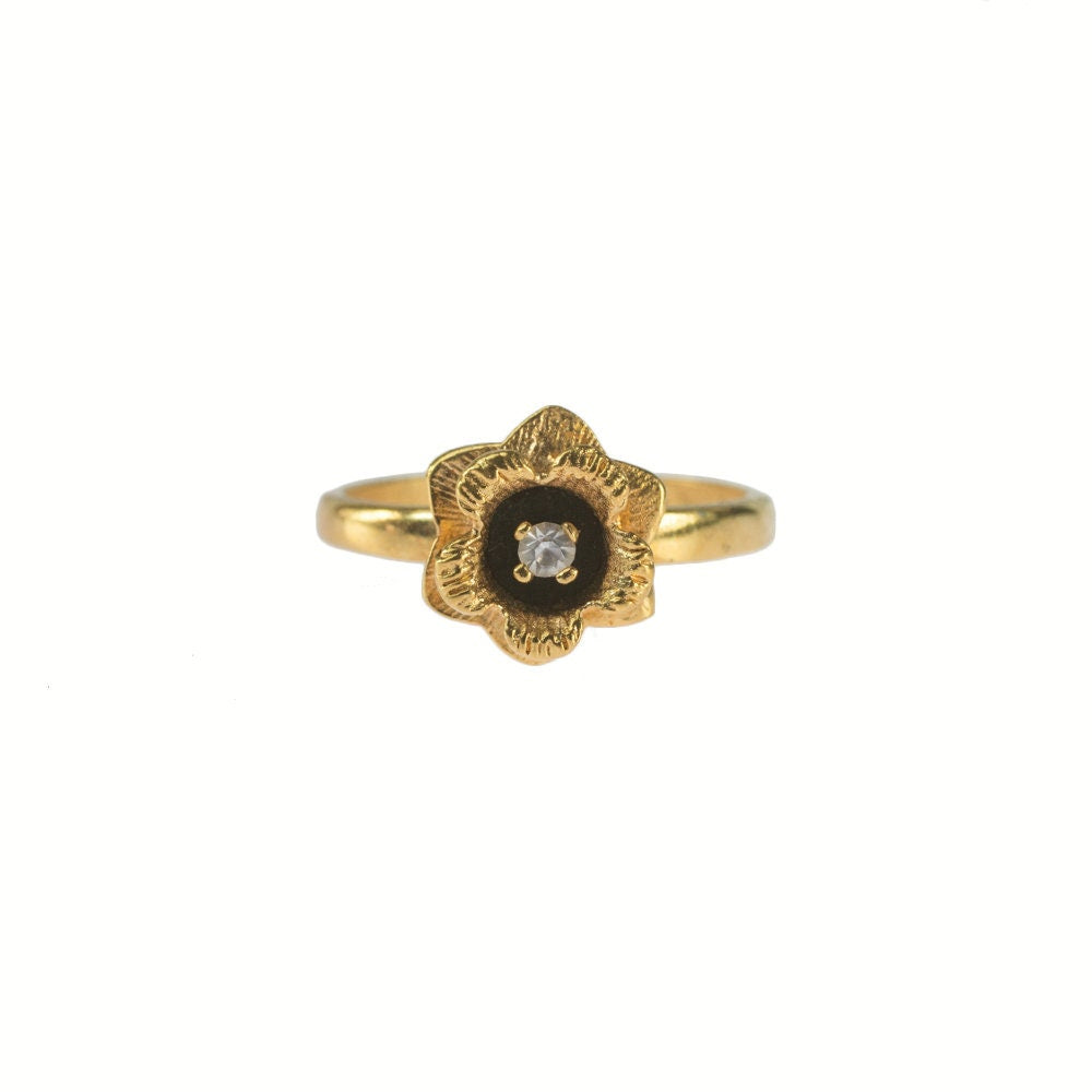 Vintage Flower Ring with Clear Austrian Crystal – 18k Gold Electroplated, Edwardian Era Mold jewelry image 1