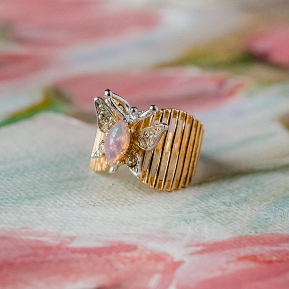 Vintage 1980s Butterfly Ring with Harlequin Opal and Clear Austrian Crystals 18kt Yellow Gold Electroplated jewelry image 1